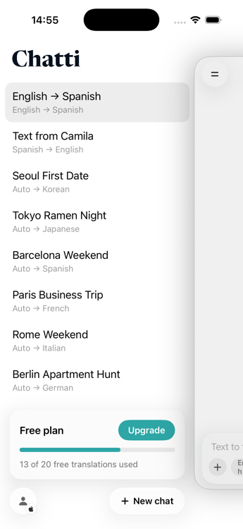 Chatti chat list showing saved conversations including English to Spanish, Text from Camila, Seoul First Date, Tokyo Ramen Night, Barcelona Weekend, Paris Business Trip, Rome Weekend, and Berlin Apartment Hunt, each labeled with its detected language pair