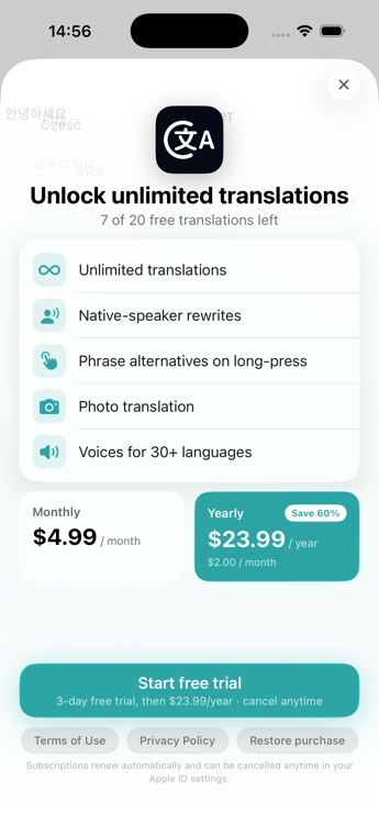 Chatti subscription screen listing unlimited translations, native-speaker rewrites, phrase alternatives, photo translation, and voices for 30+ languages, with Monthly at $4.99 and Yearly at $23.99 pricing cards