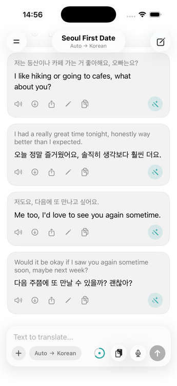 Chatti conversation titled Seoul First Date, automatically translated to Korean, showing bidirectional translated message bubbles