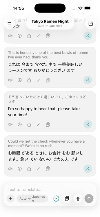 Chatti conversation titled Tokyo Ramen Night, automatically translated to Japanese, showing bidirectional translated message bubbles with icons to speak, download audio, share, edit, copy, and rewrite each message